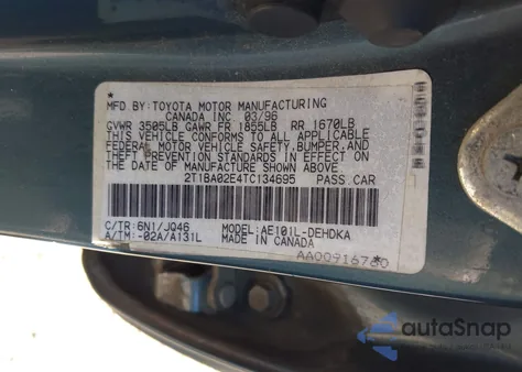 1996 Toyota Corolla from USA, damaged, VIN 2T1BA02E4TC134695